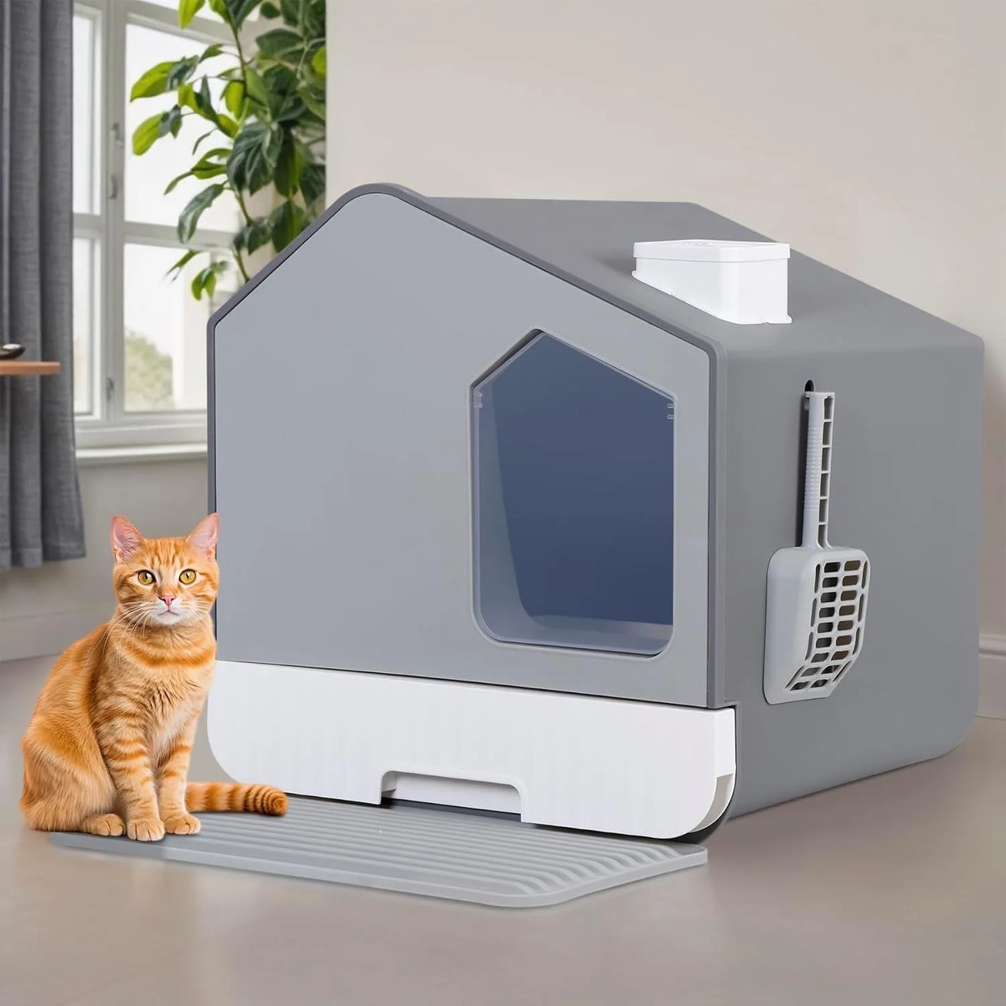 Extra Large Enclosed Cat Litter Box with Mat and Litter Scoop