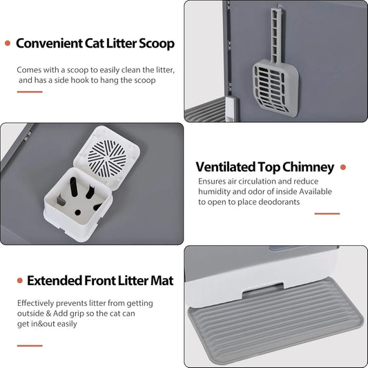 Extra Large Enclosed Cat Litter Box with Mat and Litter Scoop