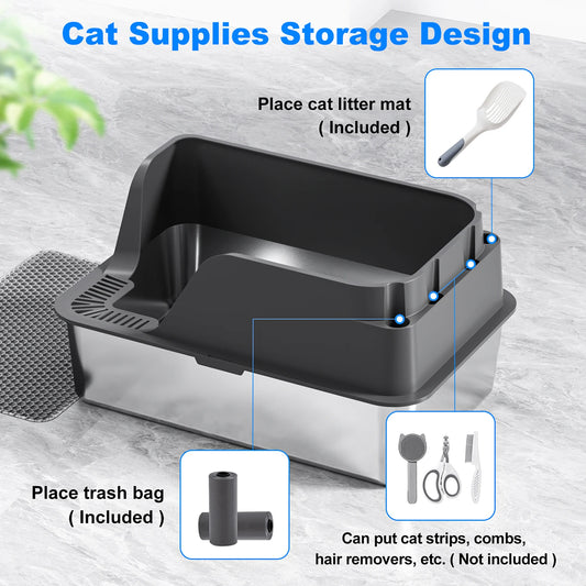 Stainless Steel Cat Litter Box, Extra Large Splash-proof & Leak-proof Litter Box Suitable for Large Cats
