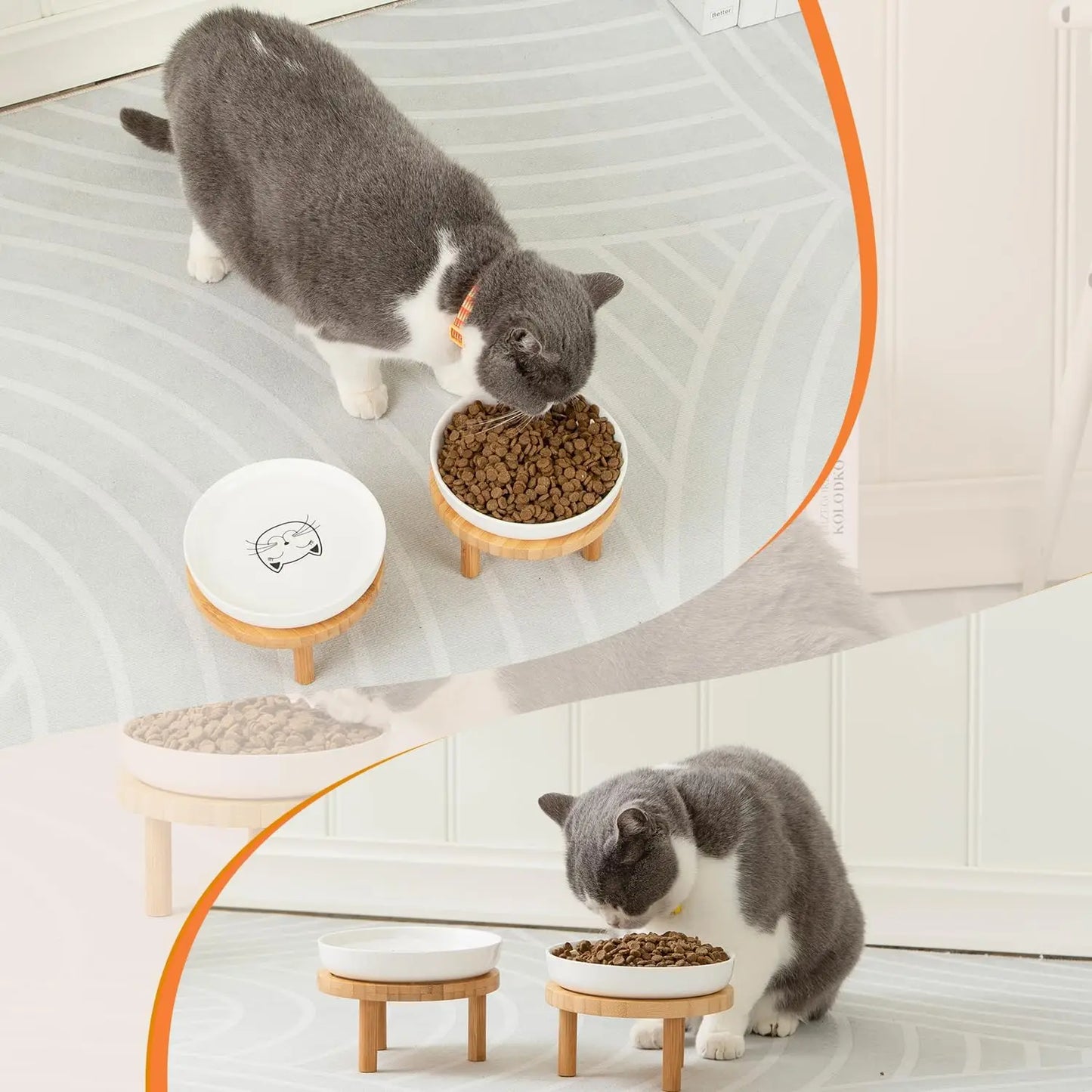 Elevated Ceramic Cat Bowls with Bamboo Stand