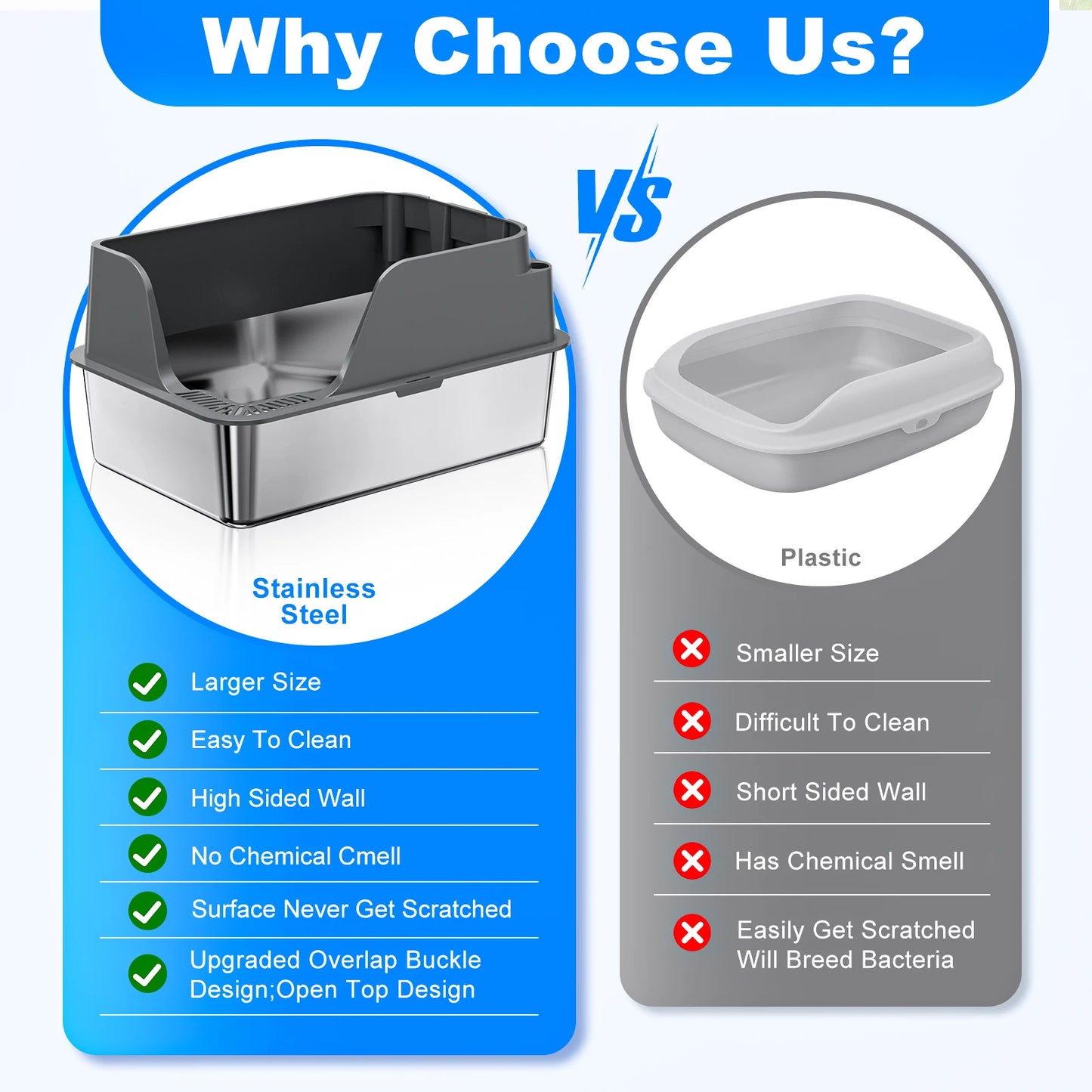 Stainless Steel Cat Litter Box, Extra Large Splash-proof & Leak-proof Litter Box Suitable for Large Cats