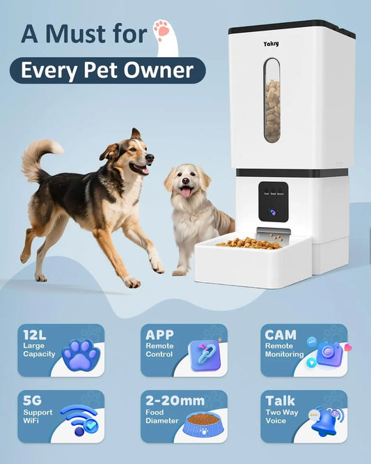 Smart Automatic Dog Feeder with Camera, 12L Capacity, WiFi App Control, HD Night Vision for Large Breeds