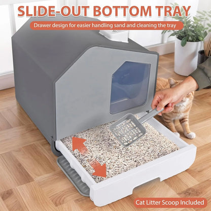 Extra Large Enclosed Cat Litter Box with Mat and Litter Scoop