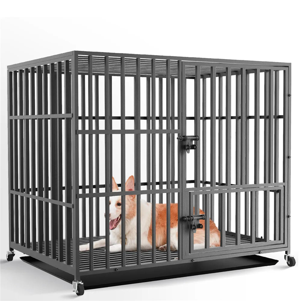 Heavy Duty Dog Kennel with 4 Wheels, Removable Tray