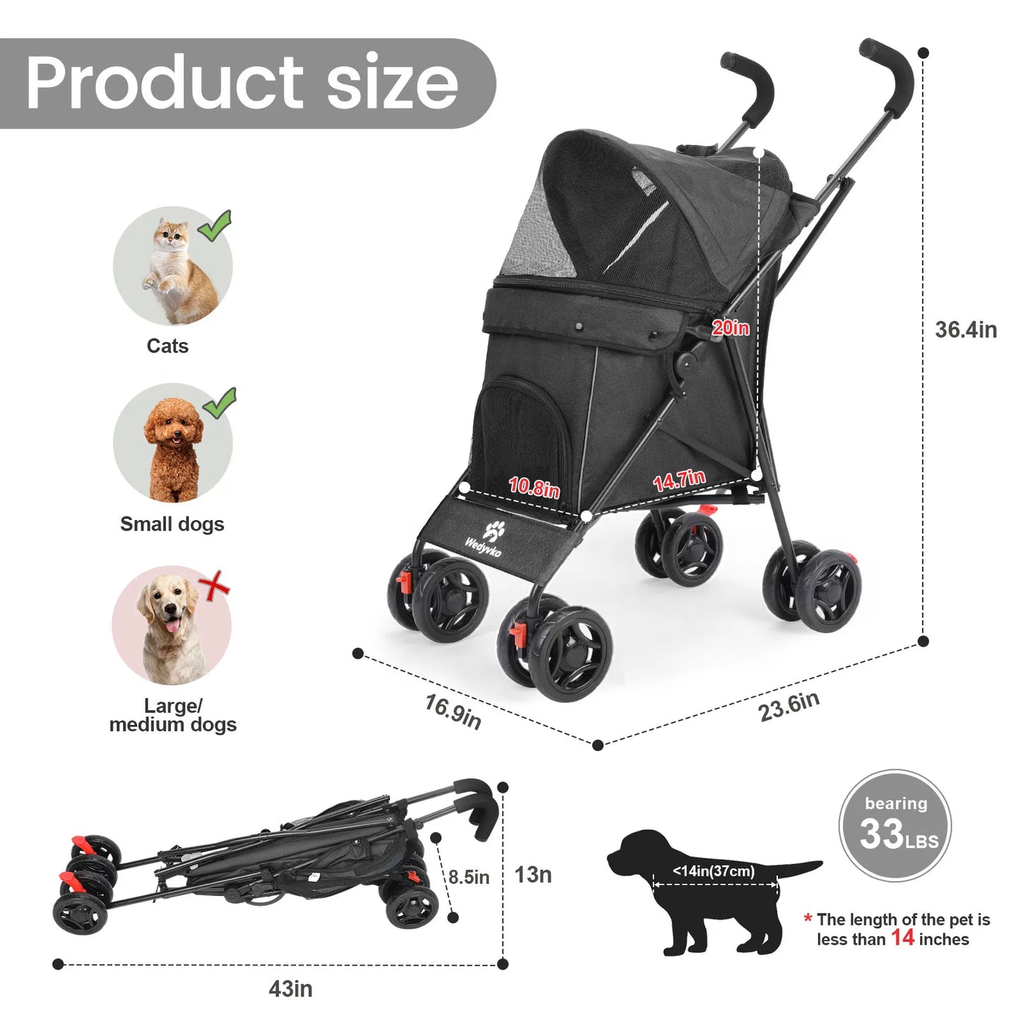 Pet Dog Stroller  with 4 Wheels