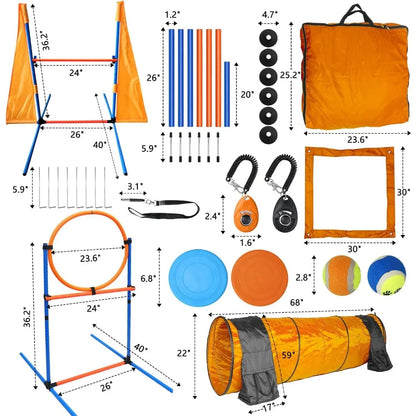 Complete Dog Agility Course Kit with Tunnel Jumps Weave Poles Pause Box Training Tools