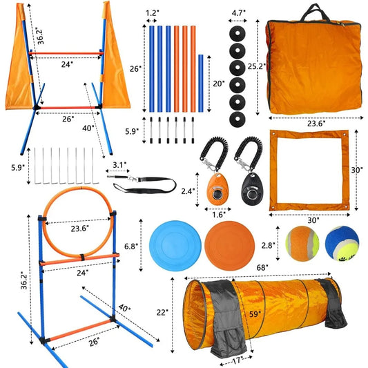 Complete Dog Agility Course Kit with Tunnel Jumps Weave Poles Pause Box Training Tools