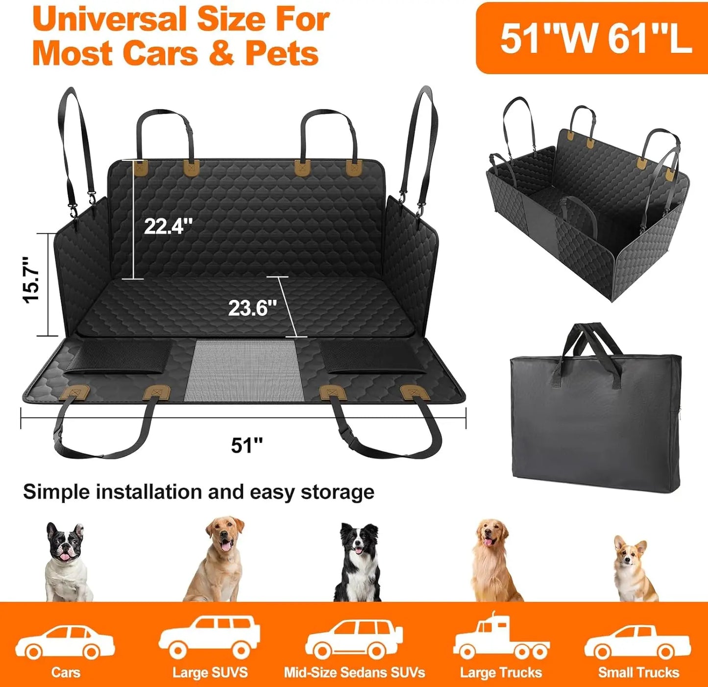 Foldable Dog Car Seat Hammock, Rear Back Seat Protector