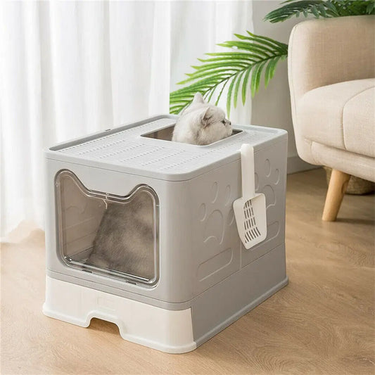 Foldable Cat Litter Box with Scoop and Drawer