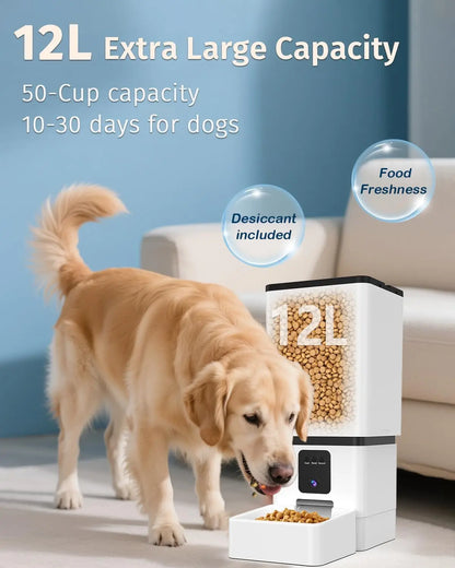 Smart Automatic Dog Feeder with Camera, 12L Capacity, WiFi App Control, HD Night Vision for Large Breeds