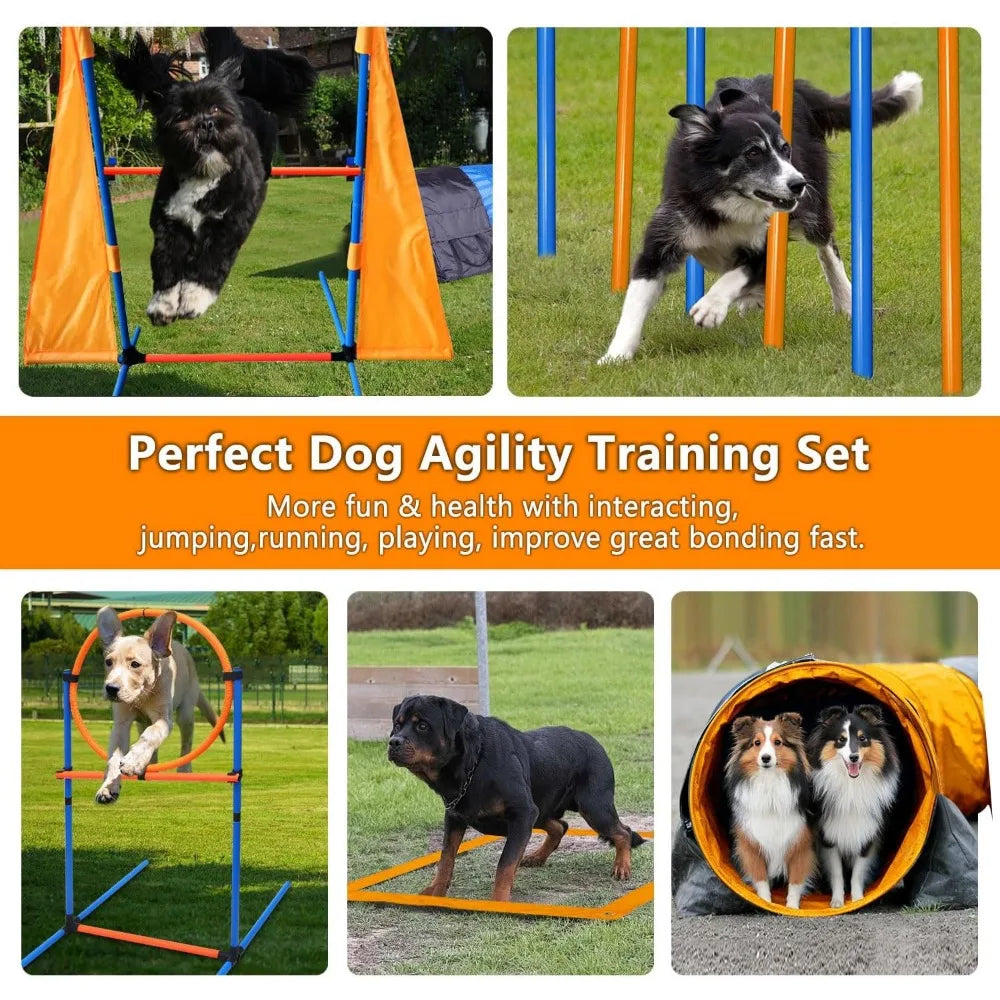 Complete Dog Agility Course Kit with Tunnel Jumps Weave Poles Pause Box Training Tools