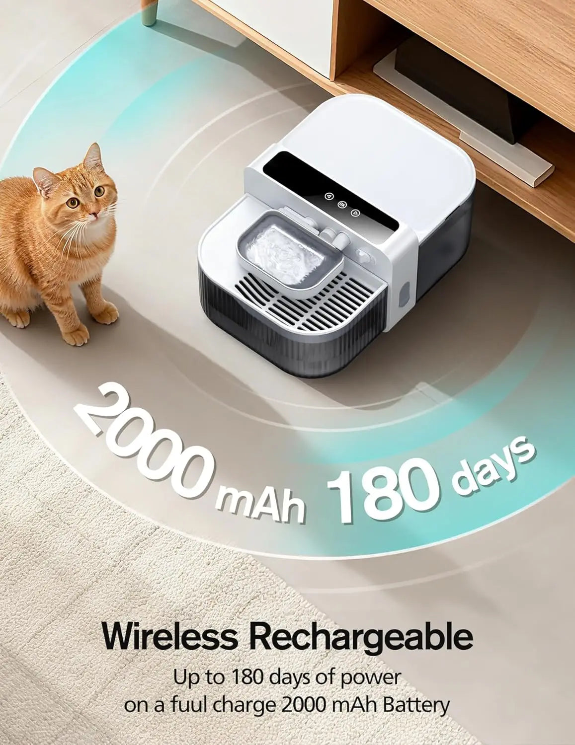 3.5L Wireless Pet Water Fountain, No Filters Needed, 180-Day Battery