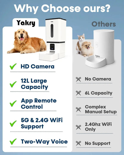 Smart Automatic Dog Feeder with Camera, 12L Capacity, WiFi App Control, HD Night Vision for Large Breeds