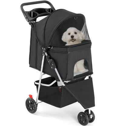 3 Wheels Foldable Pet Stroller for Small Dogs and Cats Stroller with Mesh Windows Storage Basket Cup Holder for Outdoor Use