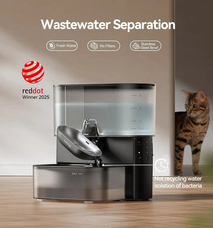 Cordless Pet Water Fountain with Wastewater Separation.