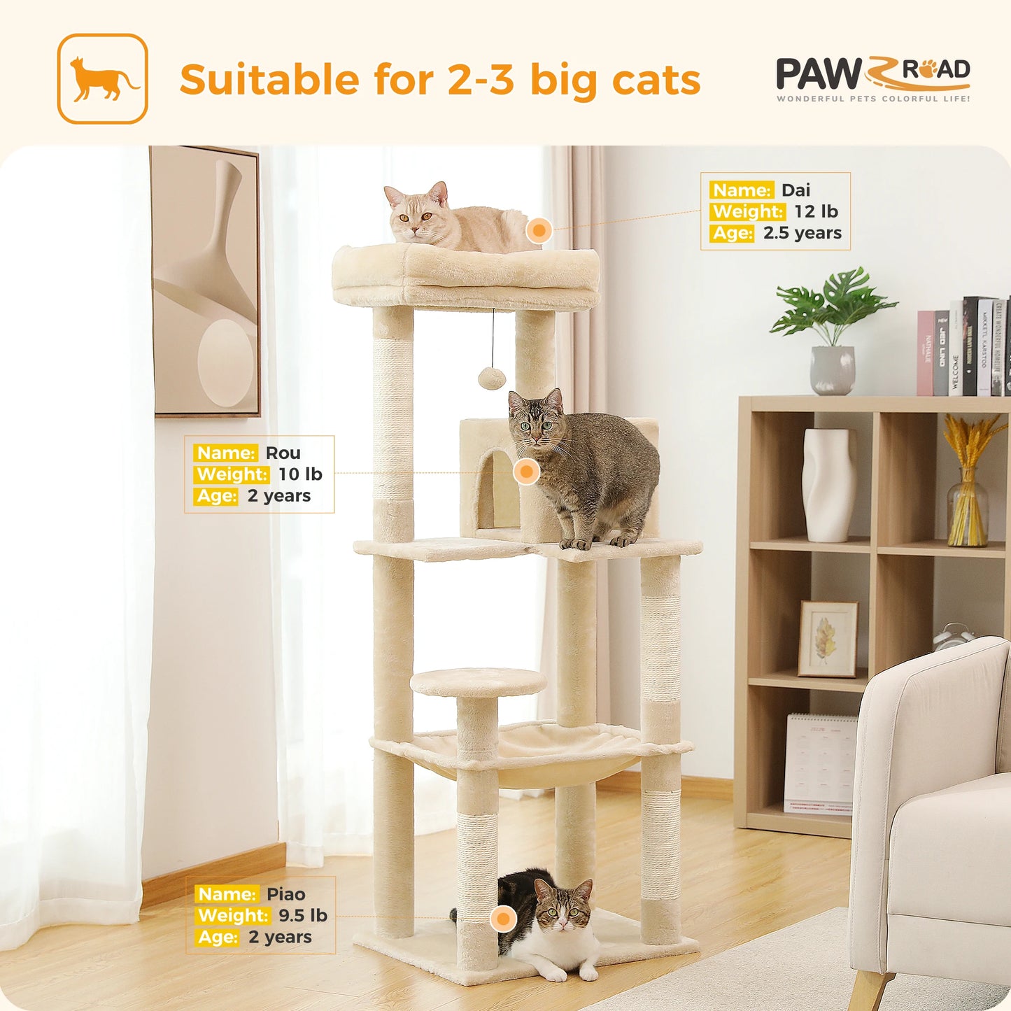 Cat Tree for Indoor Cats with Large Hammock
