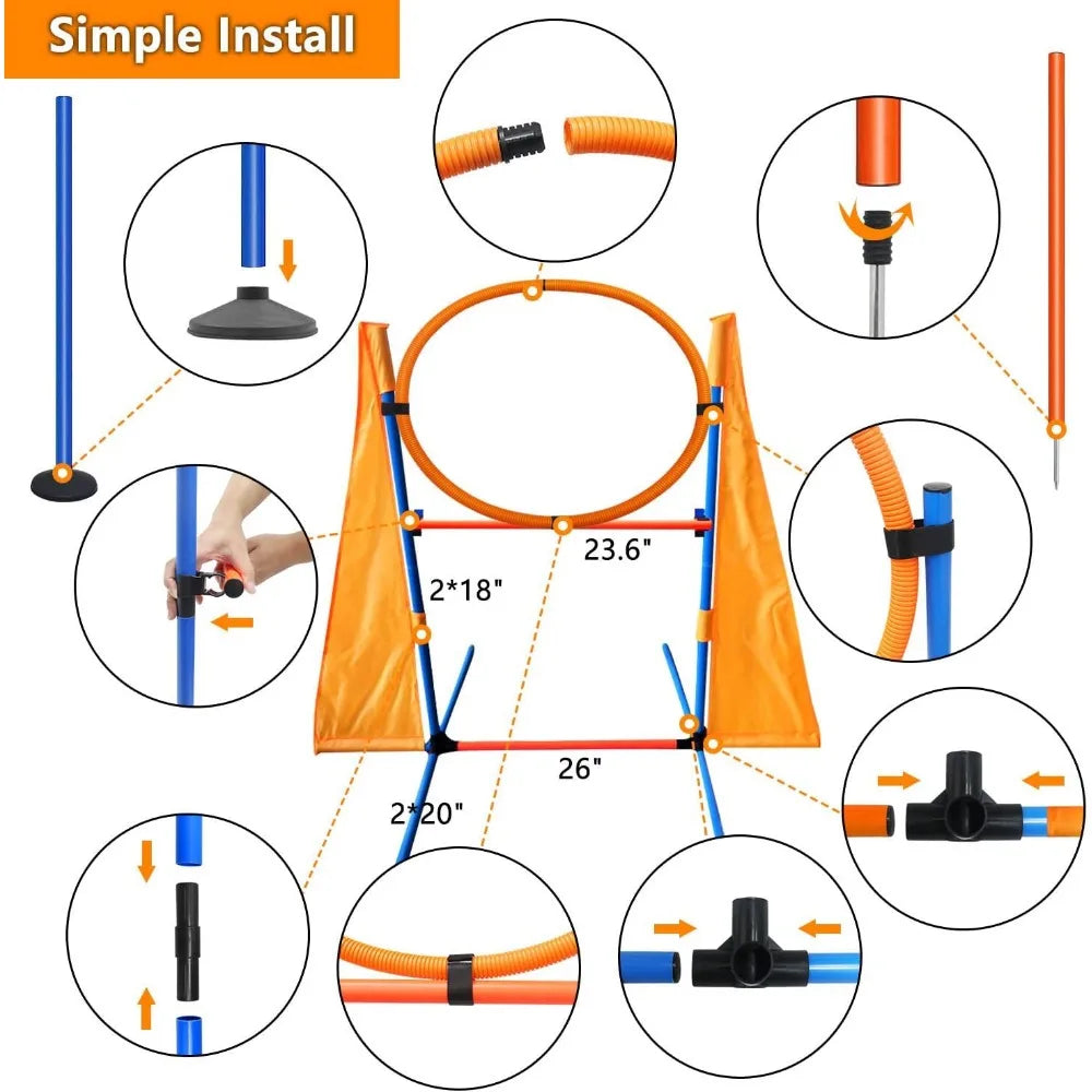 Complete Dog Agility Course Kit with Tunnel Jumps Weave Poles Pause Box Training Tools