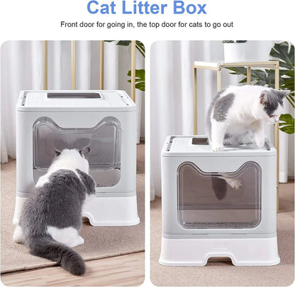 Foldable Cat Litter Box with Scoop and Drawer