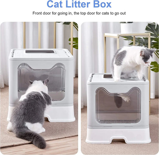 Foldable Cat Litter Box with Scoop and Drawer