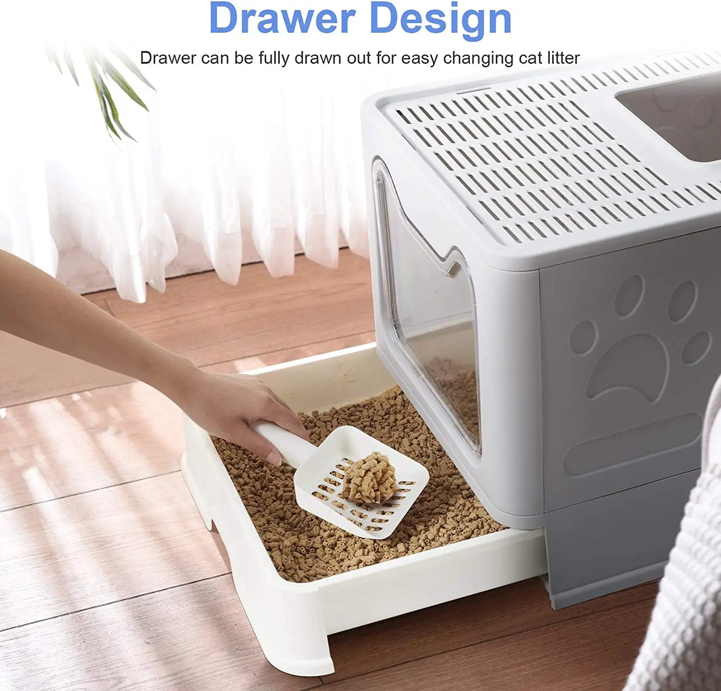 Foldable Cat Litter Box with Scoop and Drawer